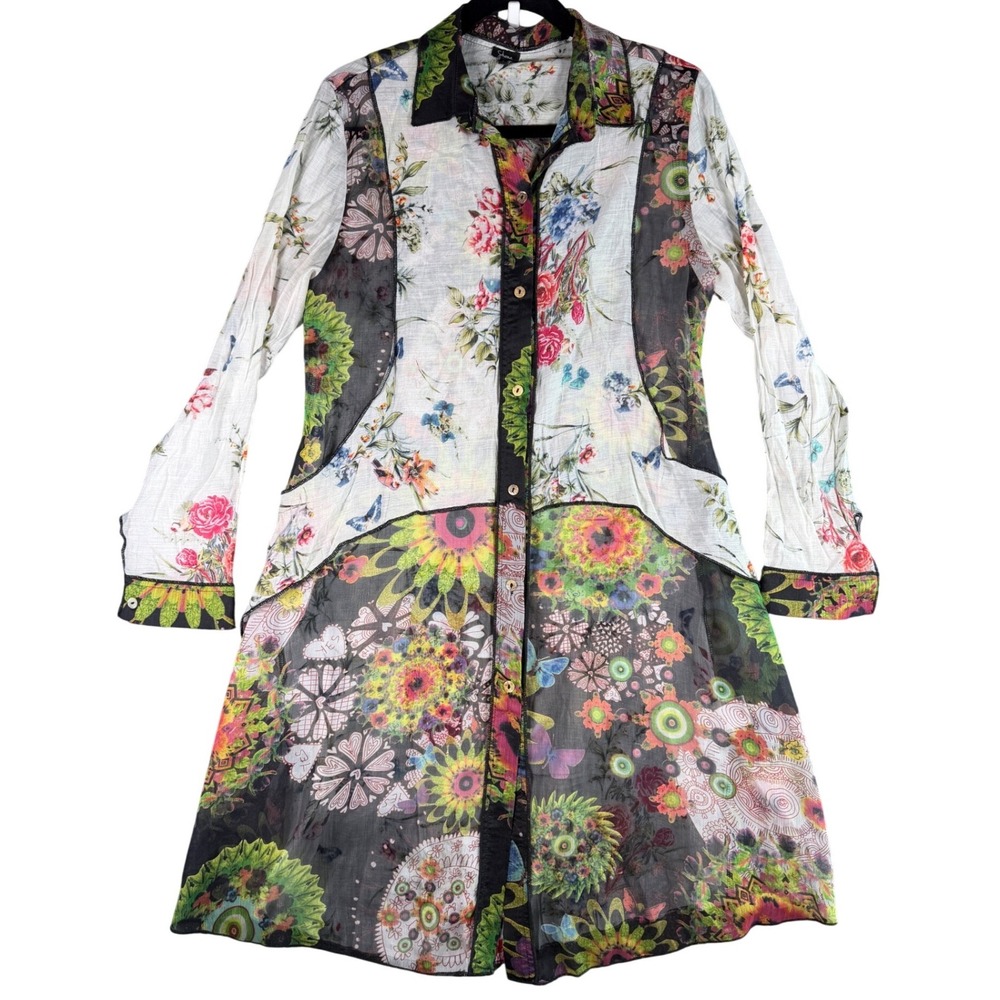 Shana Boho Floral Patchwork Tunic Dress Button Front Sheer Lagenlook Art Wear L